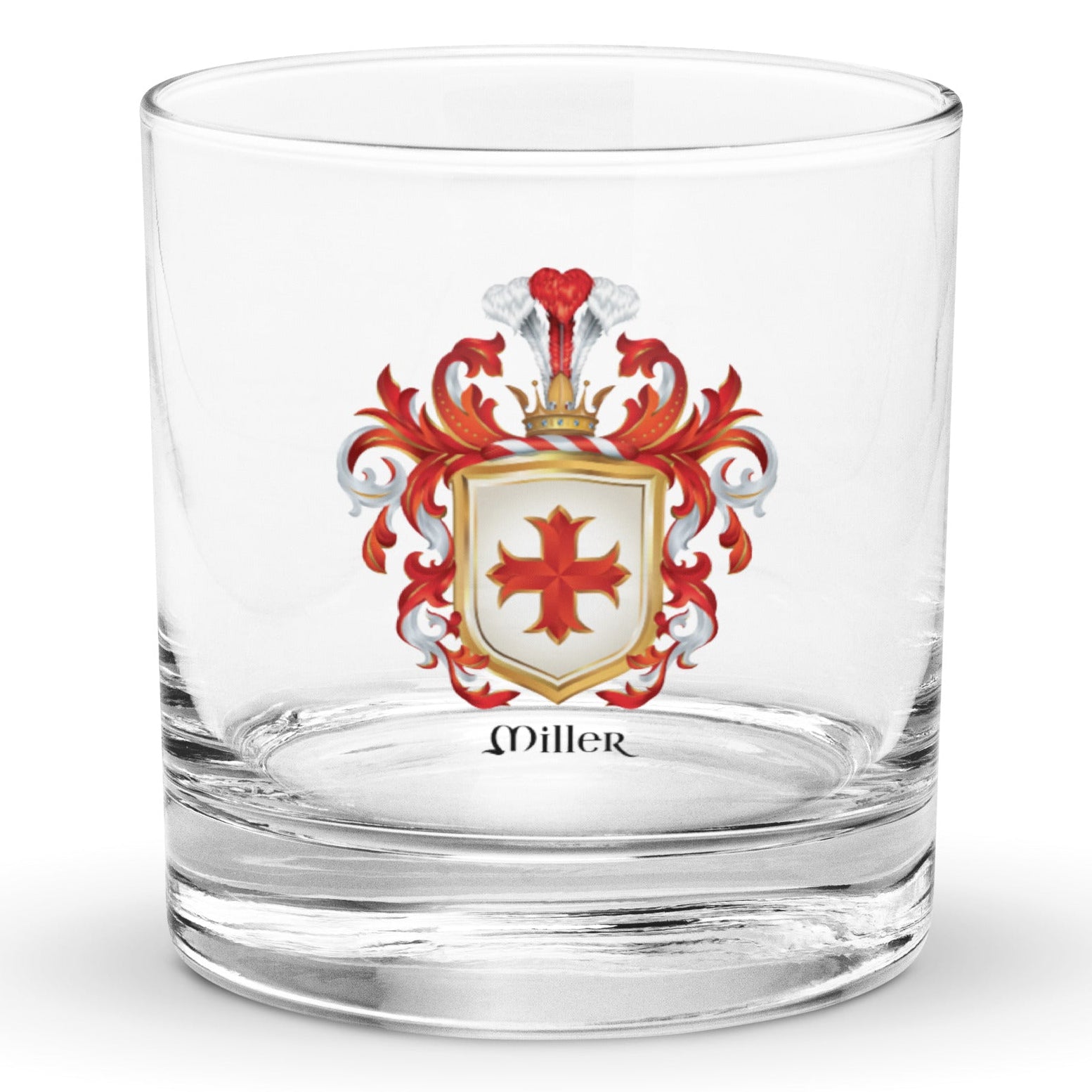 A clear rocks with illustrated Miller Family Crest featuring the millers cross on a white background 