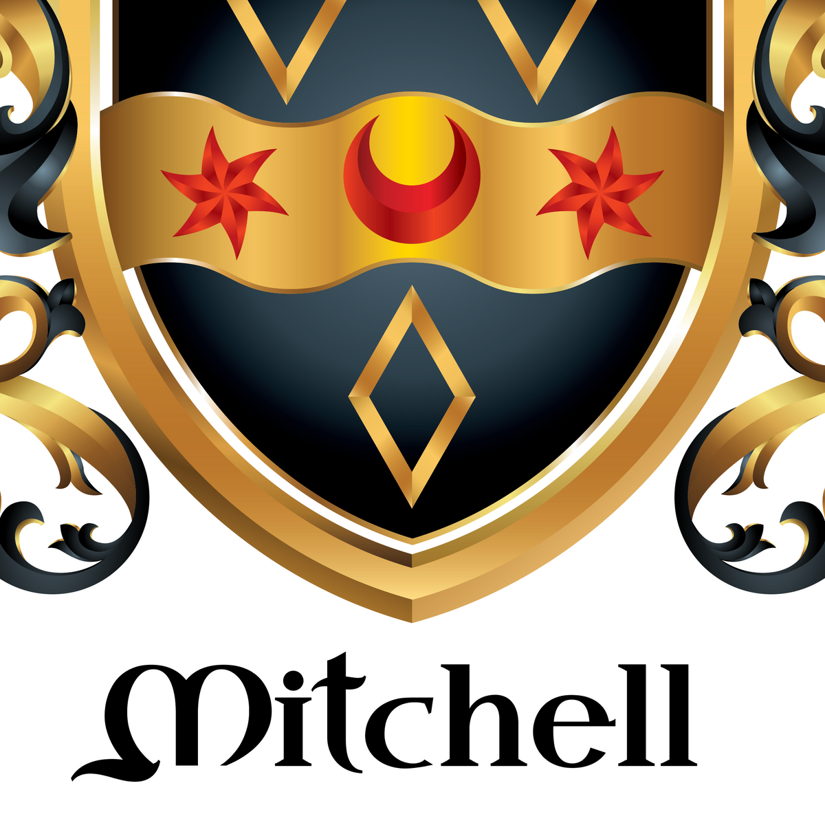 A  close-up of the Mitchell Family Crest with a black shield, gold border, red stars and crescent moon, and decorative gold scrollwork, above the family name 'Mitchell' in black script on a white background.