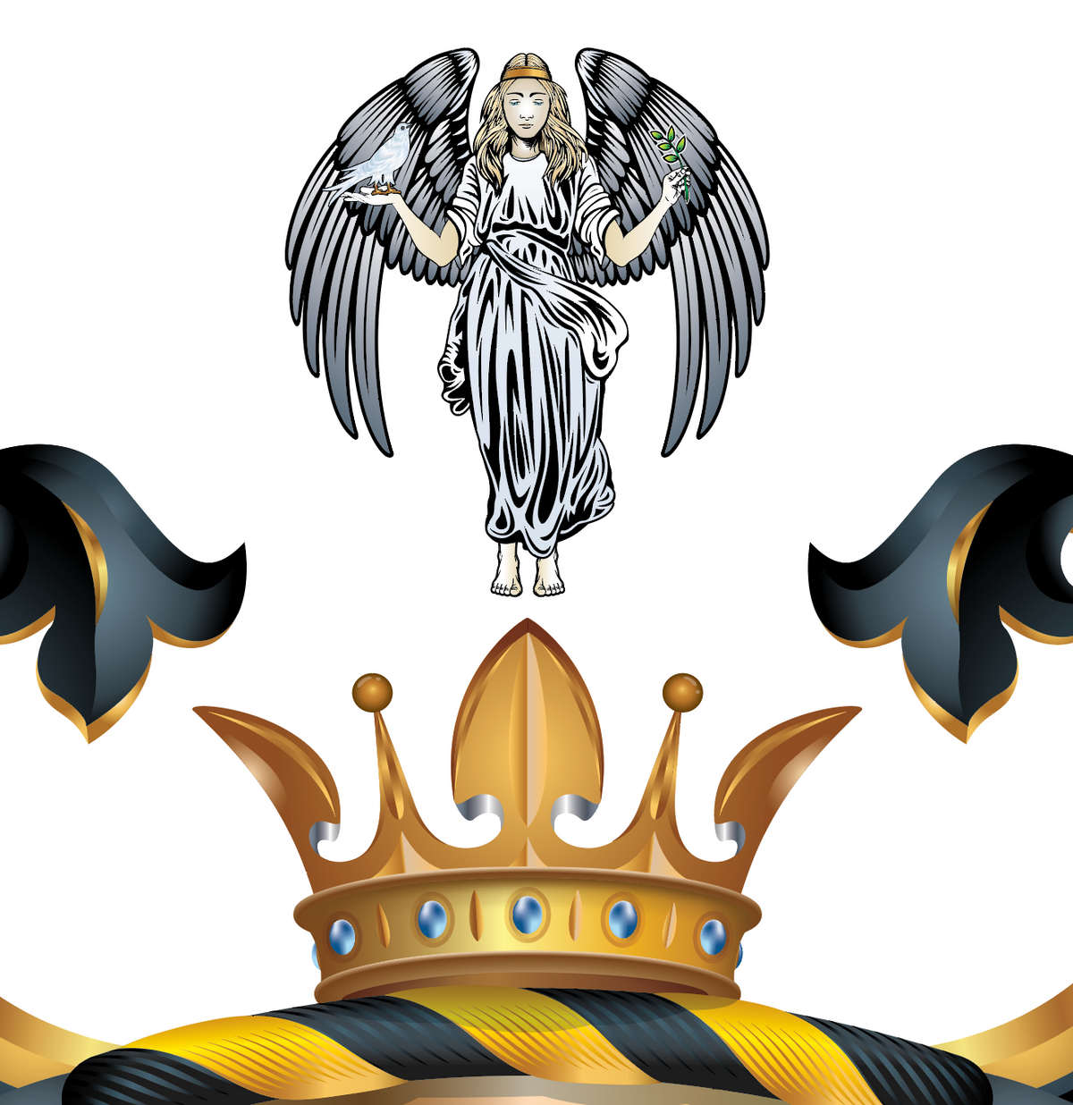 A winged angel figure above a large gold and black ornate crest with a crown on a white background.