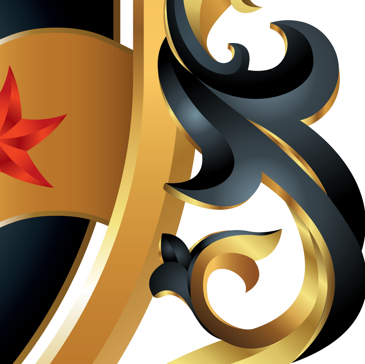 A close-up of the Mitchell Family Crest  featuring a gold shield with a red star, overlaid with black and gold scrollwork on a white background.