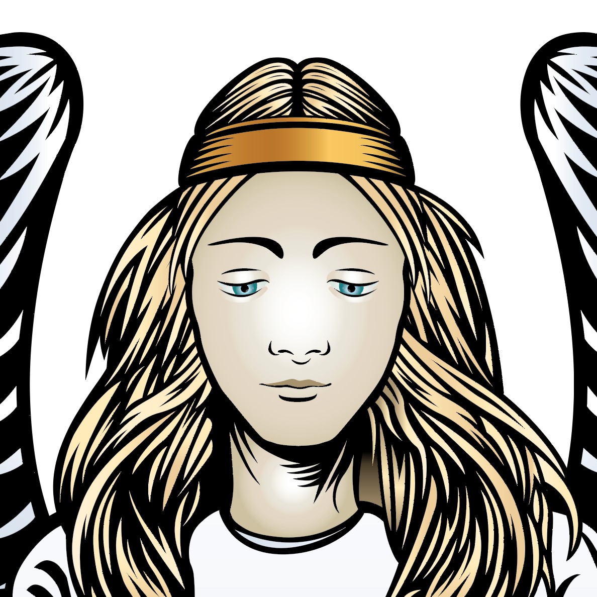 A close-up of the Mitchell Family Crest with a heraldic style illustration of an angel's head with long blonde hair, a gold headband, blue eyes, and large black-and-white wings on a plain white background.