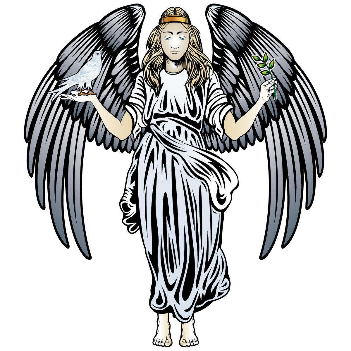 A  close-up of the Mitchell Family Crest of a winged angel figure with large black and gray wings, a white draped robe, and a gold headband, standing barefoot and holding a dove in one hand and an olive branch in the other, on a plain white background.