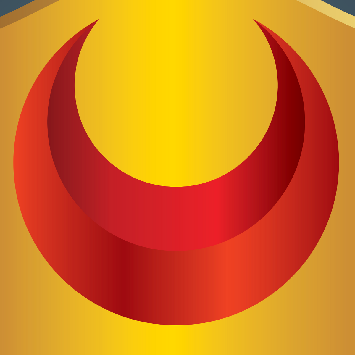 A close-up of the Mitchell Family Crest of a red crescent emblem.