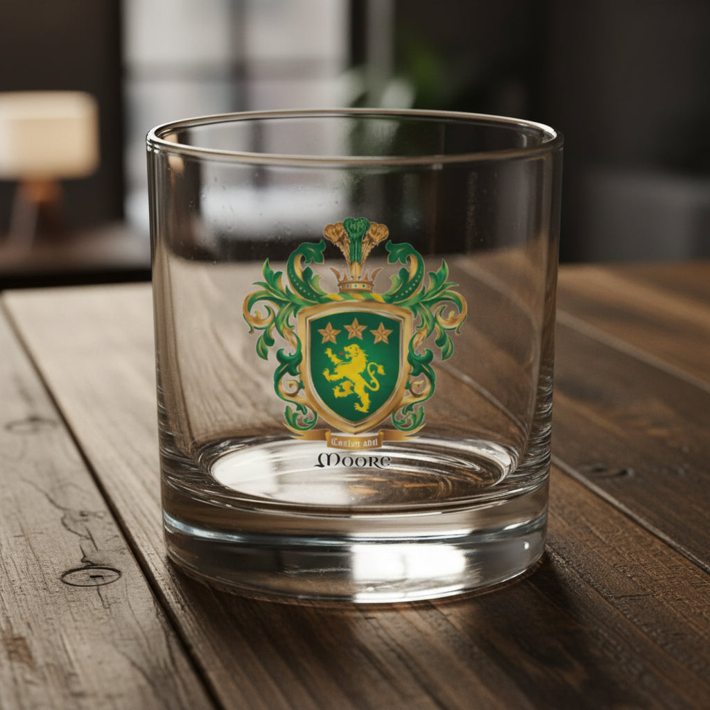 A clear rocks glass featuring The Moore Family Crest showing a green shield with a gold lion and three gold stars above the lion with the motto and Moore name below the shield on a wooden table