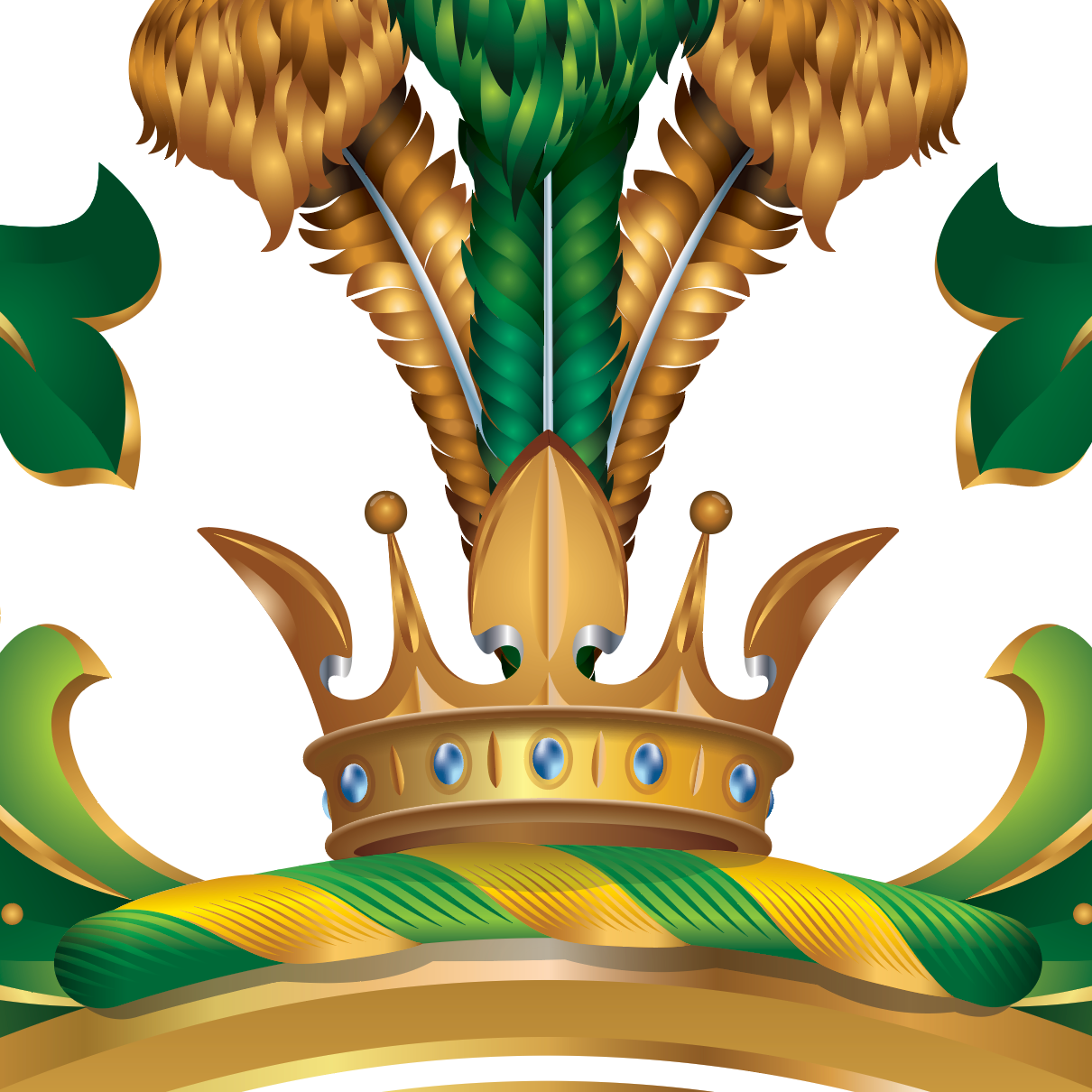 Close up detail from the Moore Family Crest showing a gold crown on a green and gold cushion on top of the shield, as well as feathers, and mantling ribbons on a white background