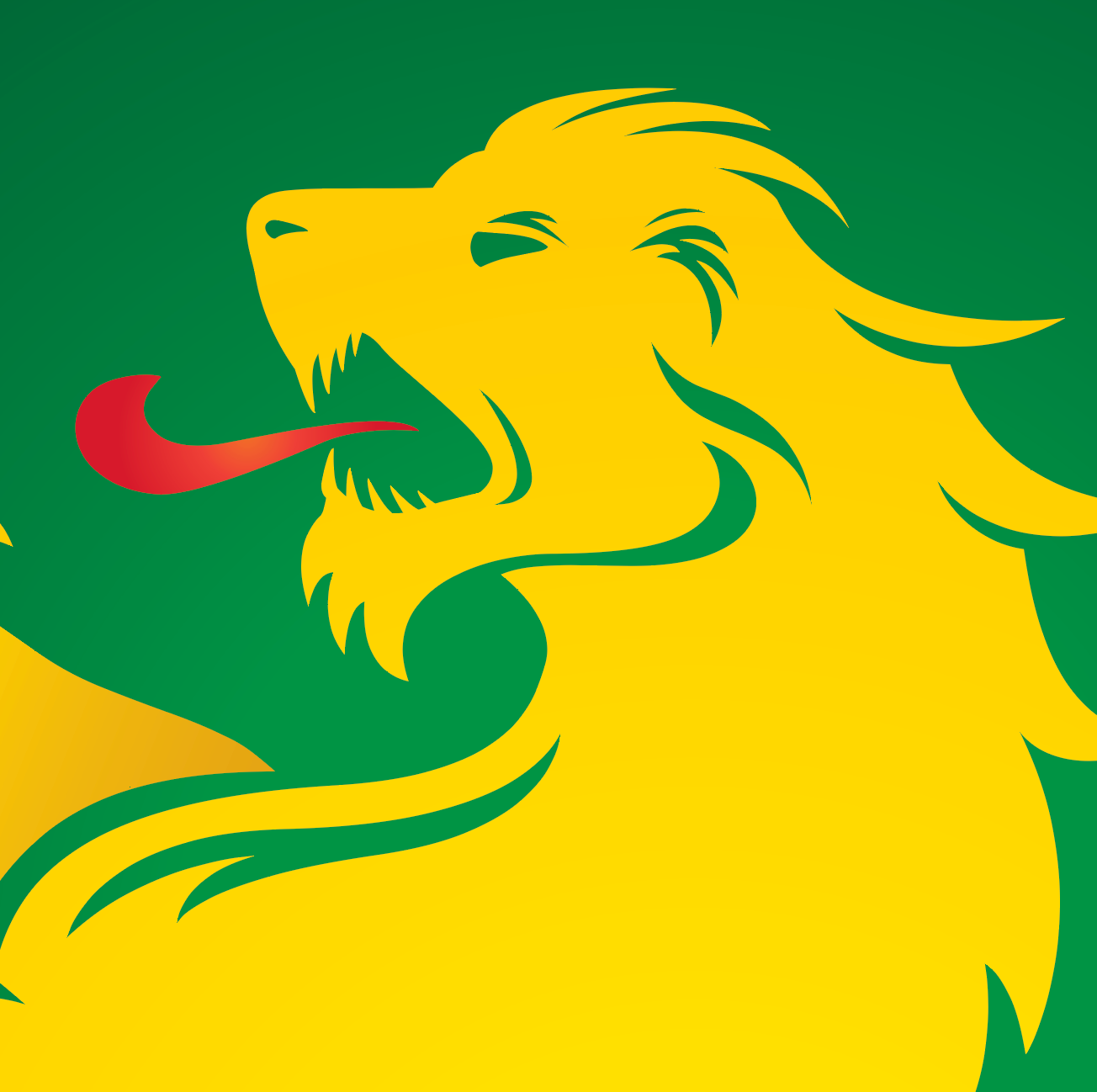 Close up detail from the Moore Family Crest showing a golden yellowish lion with a red tongue on the green background of the coat of arms shield