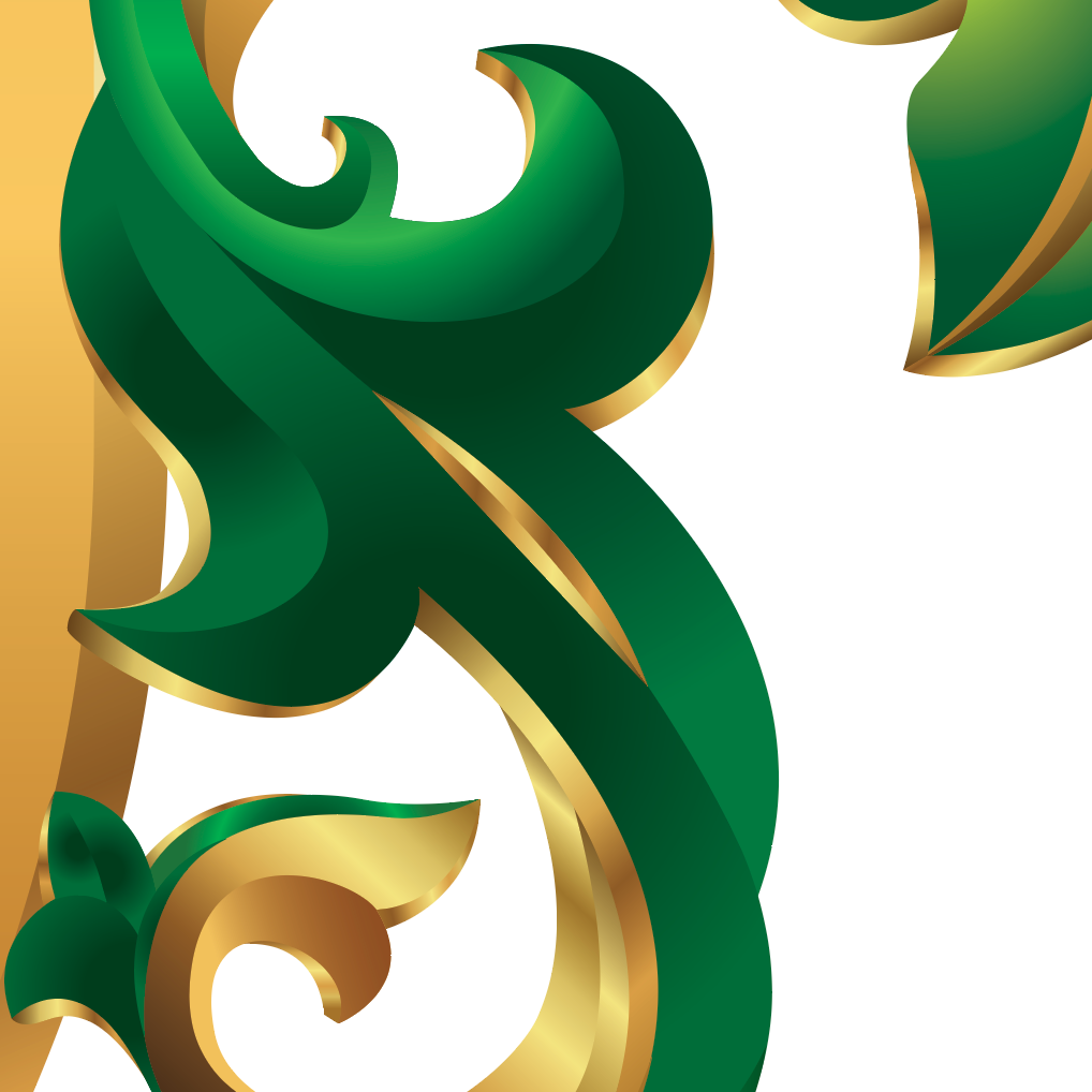 Close up detail from the Moore Family Crest showing swirling detailed decorative green and gold mantling from the Moore coat of arms