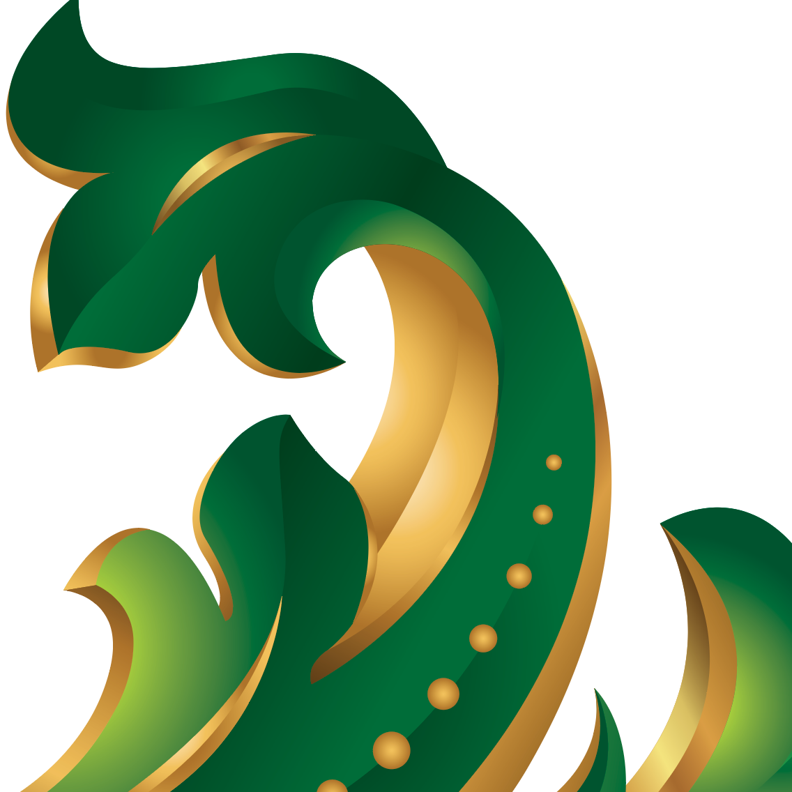 Close up detail from the Moore Family Crest showing decorative green and gold mantling from the coat of arms on a white background