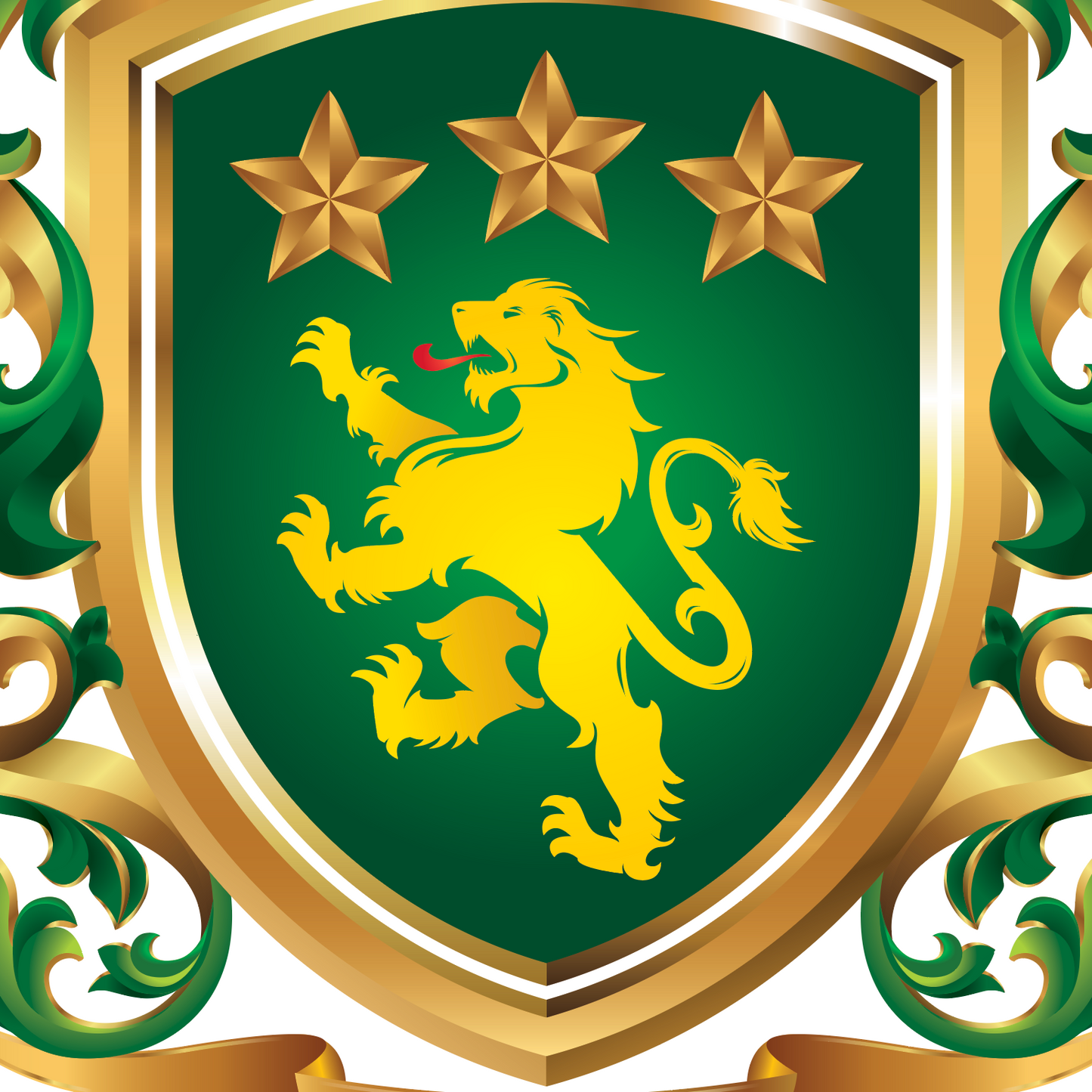 The Moore Family Crest showing a green shield with a gold lion and three gold stars above the lion with the shield having mantling around it.