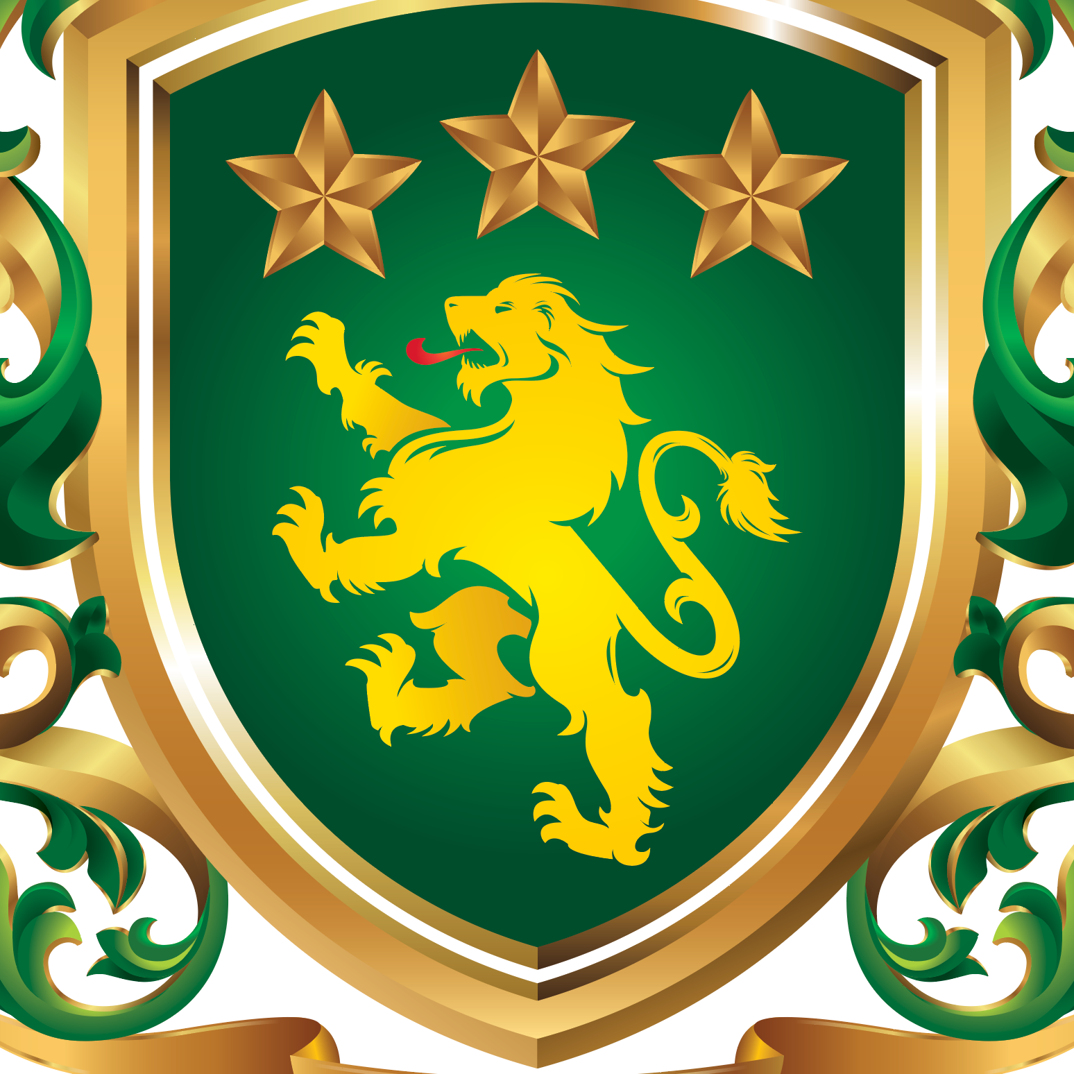 The Moore Family Crest showing a green shield with a gold lion and three gold stars above the lion with the shield having mantling around it.