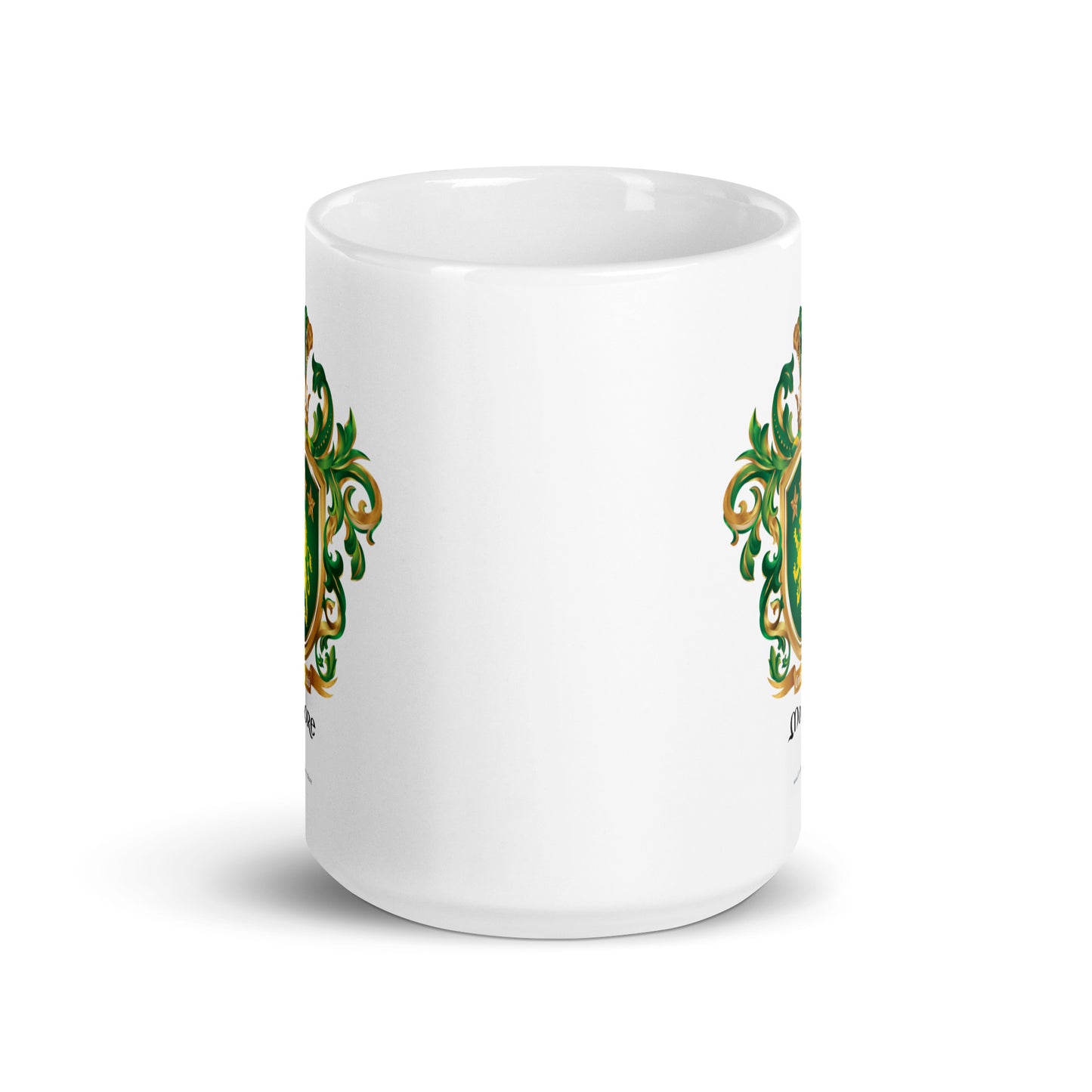 Moore Family Crest showing on two sides of a white mug on a white background