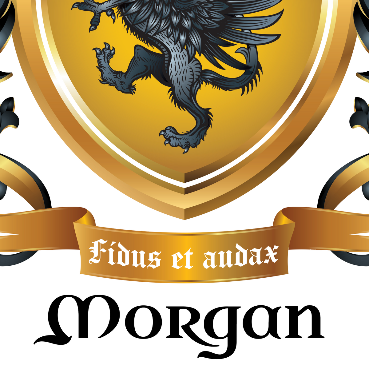 A close-up of the lower half of the Morgan Family Coat of Arms with a gold shield featuring a black griffin, a gold motto ribbon reading 'Fidus et andax,' and the name 'Morgan' below in black gothic lettering on a white background.