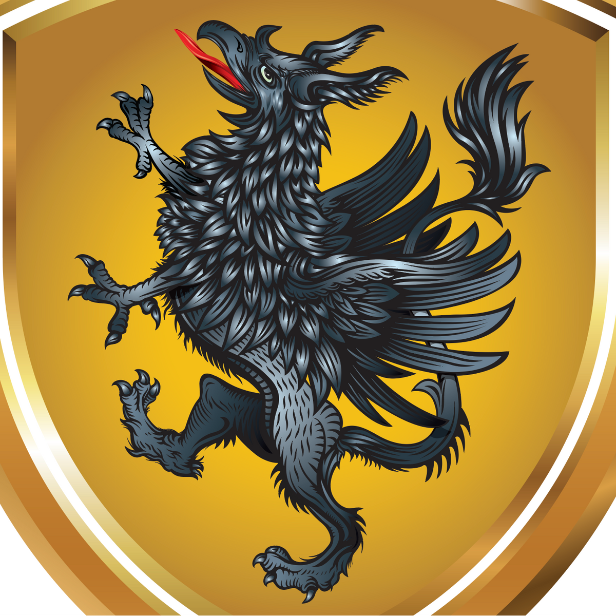 A close-up of the Morgan Family Coat of Arms featuring a black griffin on a gold shield.