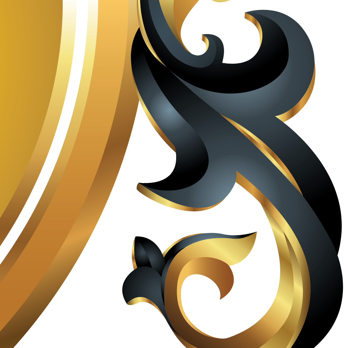 A close-up decorative graphic showing a black ornamental scroll with gold edges against a white background, alongside curved gold bands.