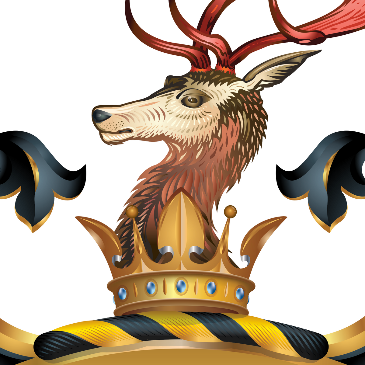 A close-up of the Morgan Family Coat of Arms featuring a deer head with large  antlers mounted on a gold crown resting on a black and goldmantling and a black-and-gold striped pillow wreath on a white background.