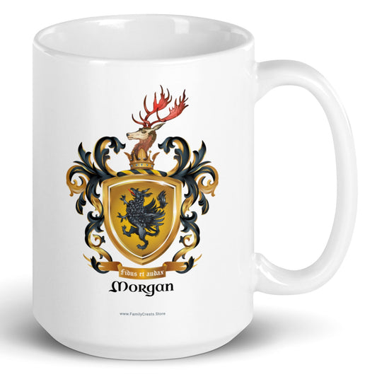 A white mug with handle to right, on a white background, printed with the Morgan Family Coat of Arms featuring a black griffin on a gold shield with a stag on the crest.
