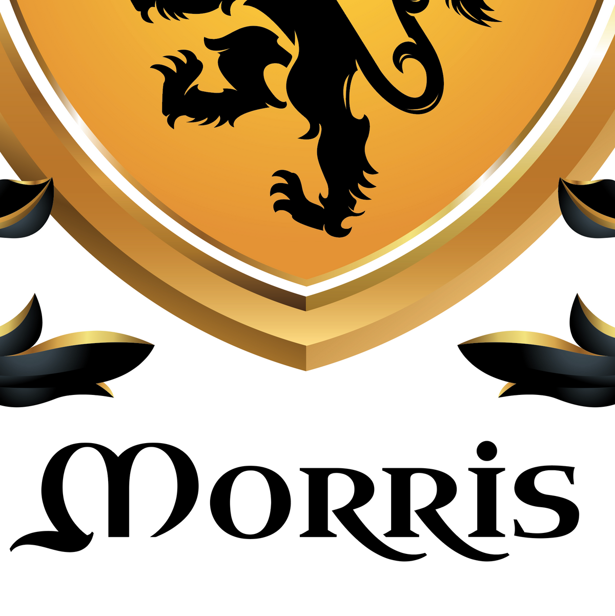 A close-up of the Morris Family Crest with  a black lion rampant on a gold shield, above the name  'Morris' in black heraldic lettering on a white background.