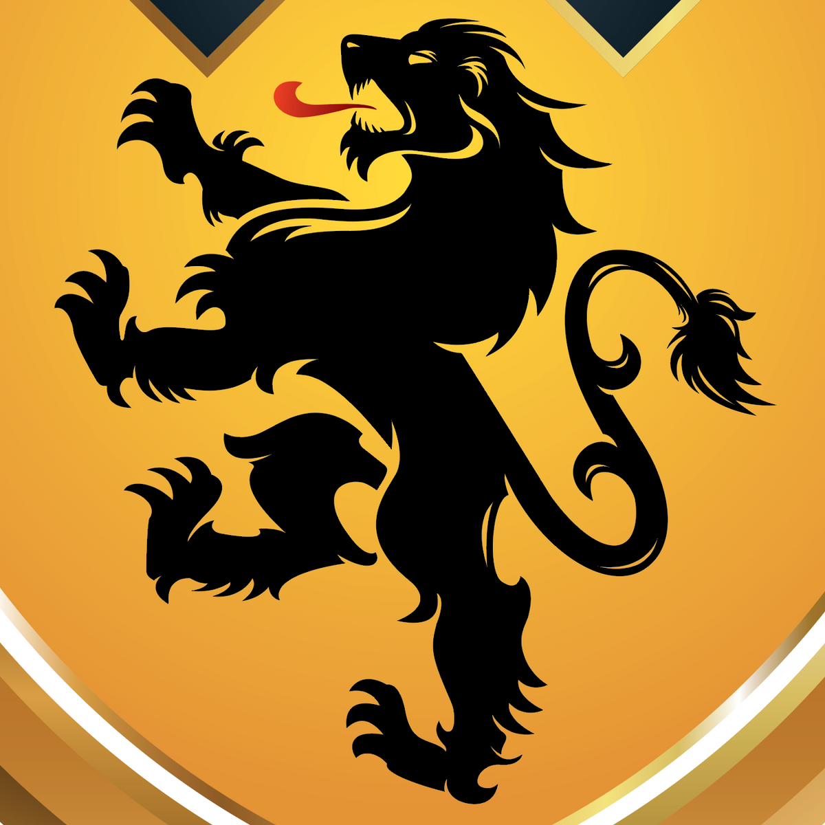 A close-up of the Morris Family Crest featuring a black rampant lion with a red tongue on a gold background.