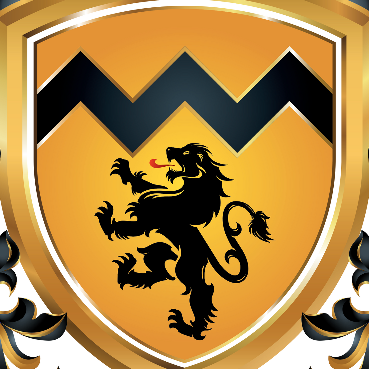 A close-up of the Morris Family Crest with  a gold shield and black rampant lion in the center.