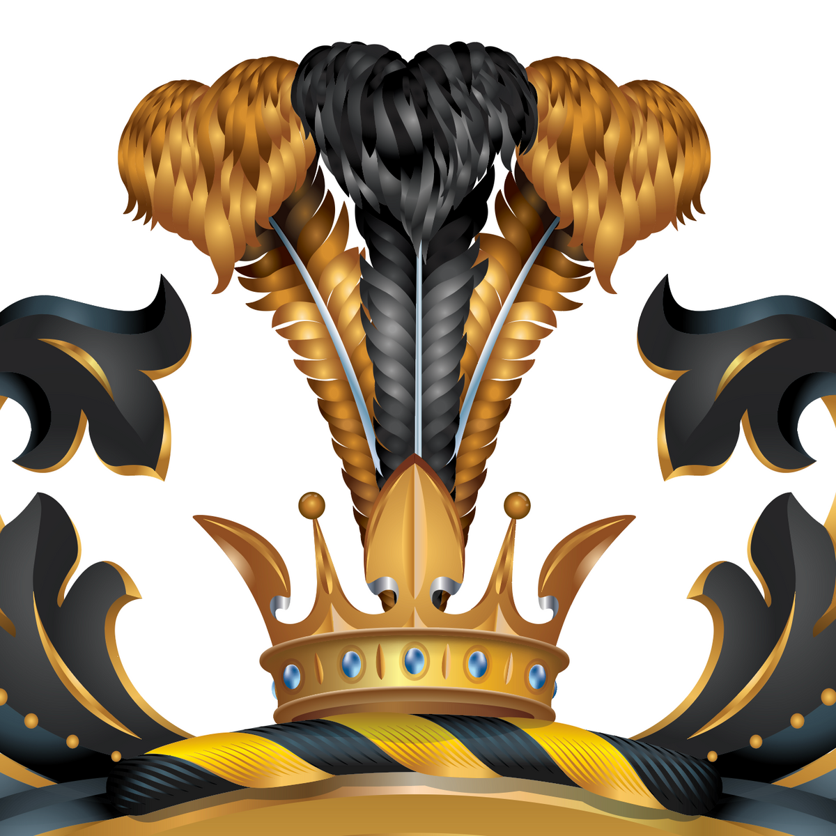 A close-up of the Morris Family Crest  featuring a gold crown adorned with blue gems, a striped black and gold cusion, and three tall feather plumes (two gold, one black) on a plain white background.