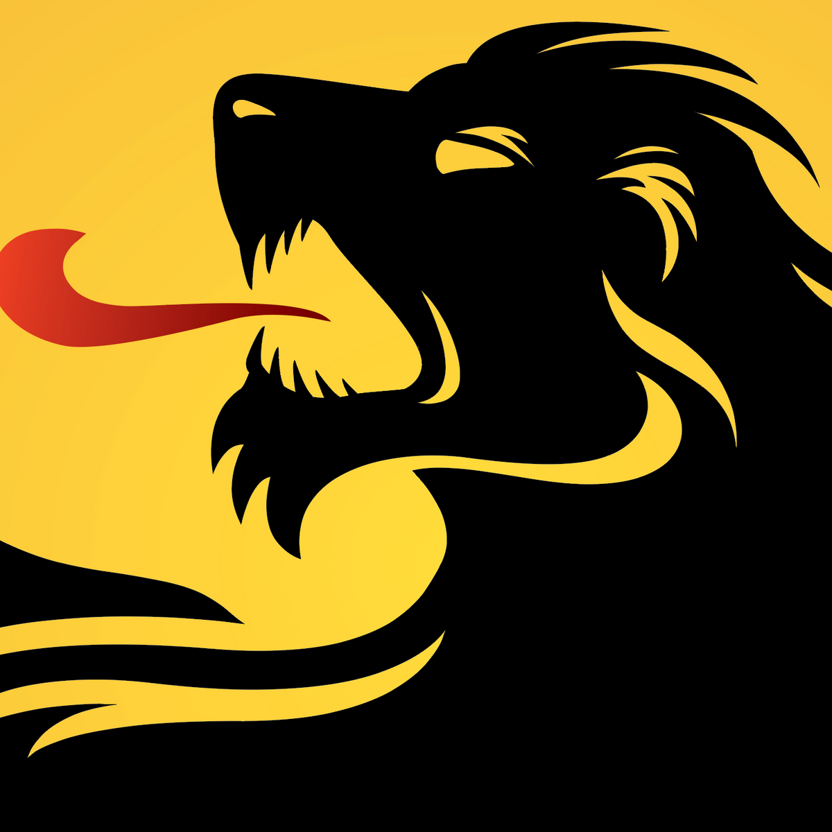 A close-up of the Morris Family Crest with   roaring lion head graphic in black and yellow with a red tongue, filling the frame.