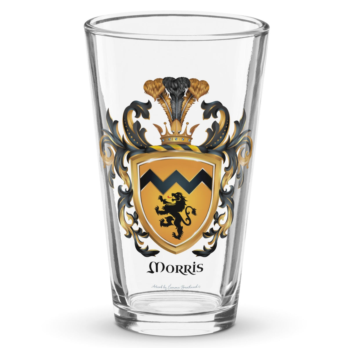 A clear classic pint beer glass on a white background, printed with the Morris Family Crest featuring a black lion on a gold shield.