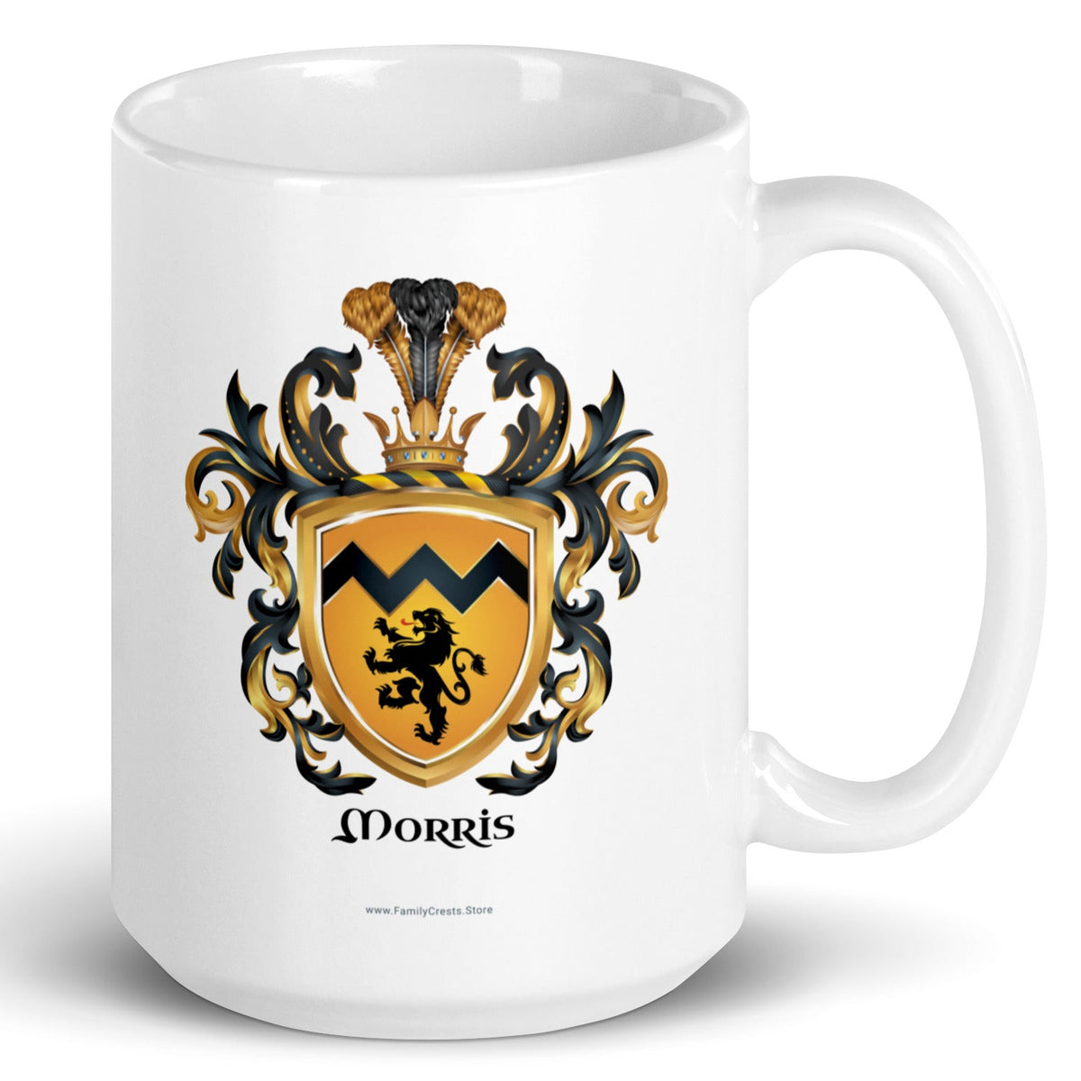 A white mug with handle to the right on a white background, printed with the Morris Family Crest featuring a black lion on a gold shield.