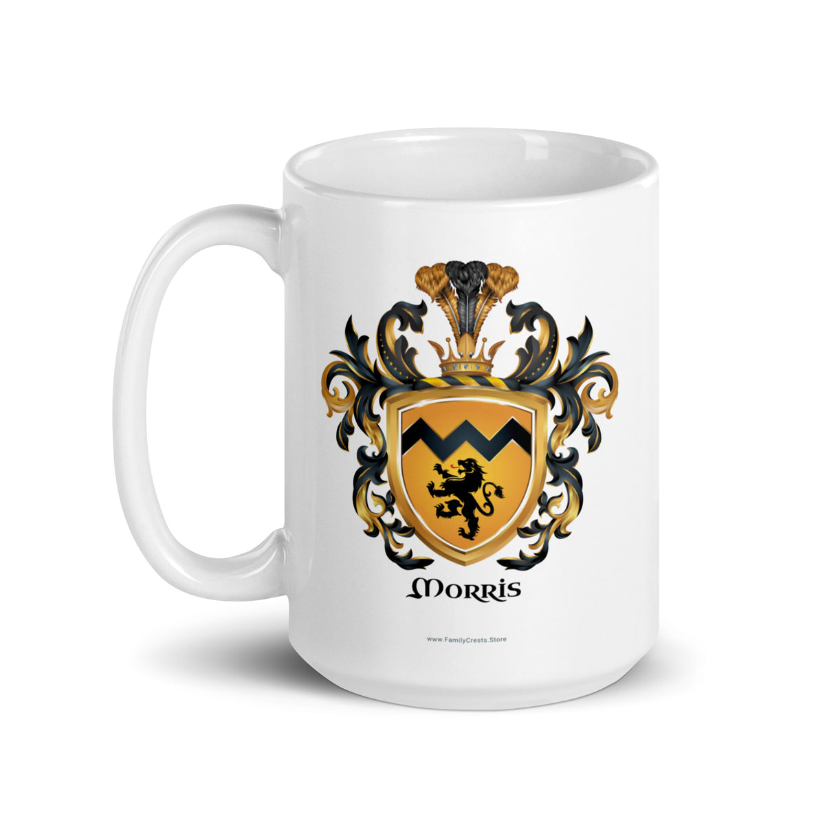 A white mug with handle to the left on a white background, printed with the Morris Family Crest featuring a black lion on a gold shield.