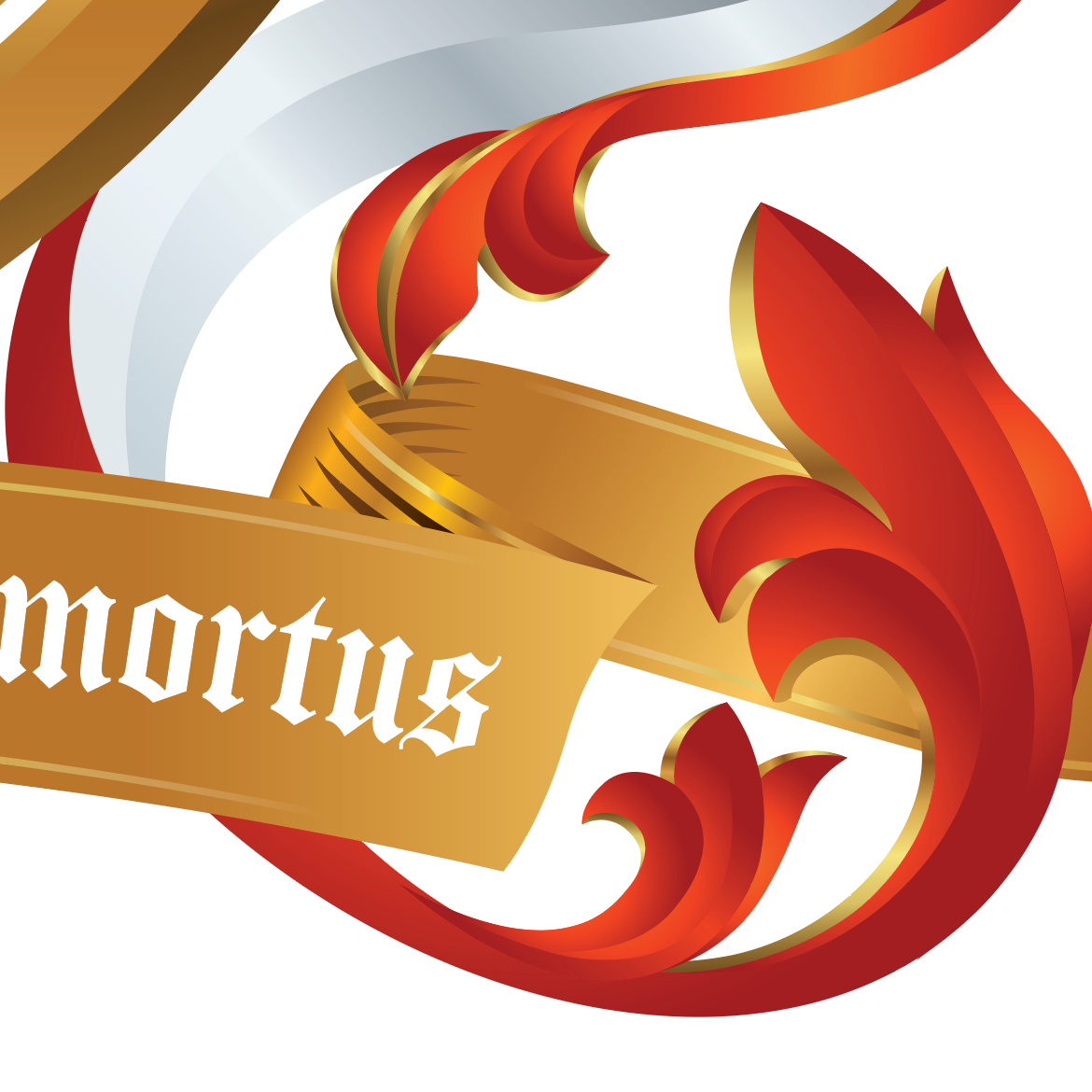 A closeup of part of the motto ribbon  on the family crest