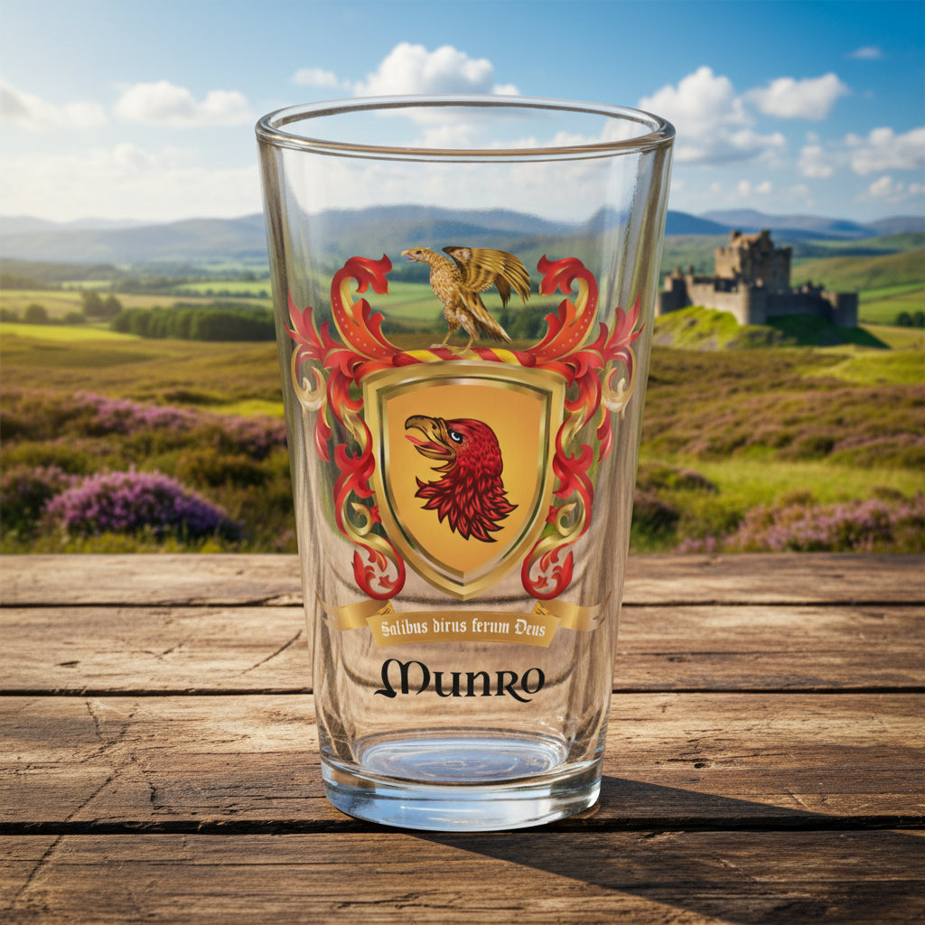 Clear glass with a red and gold crest and 'Munro' branding on an old wooden tabletop with a Scottish Highland scene in the background with a castle far off in the distance on a sunny day.