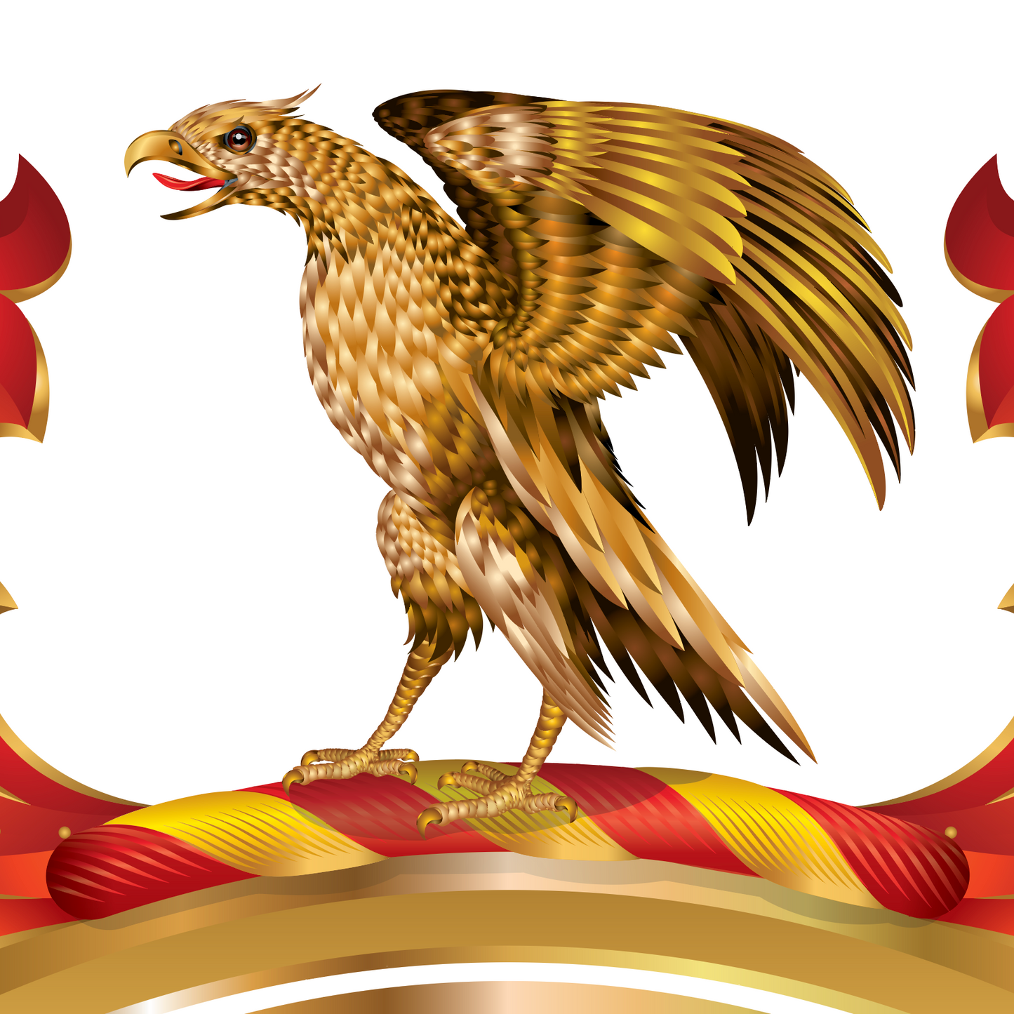 A closeup of the Munro-coat-of-arms- with stylised golden eagle with spread wings standing on a red and gold decorative crest against a white background.