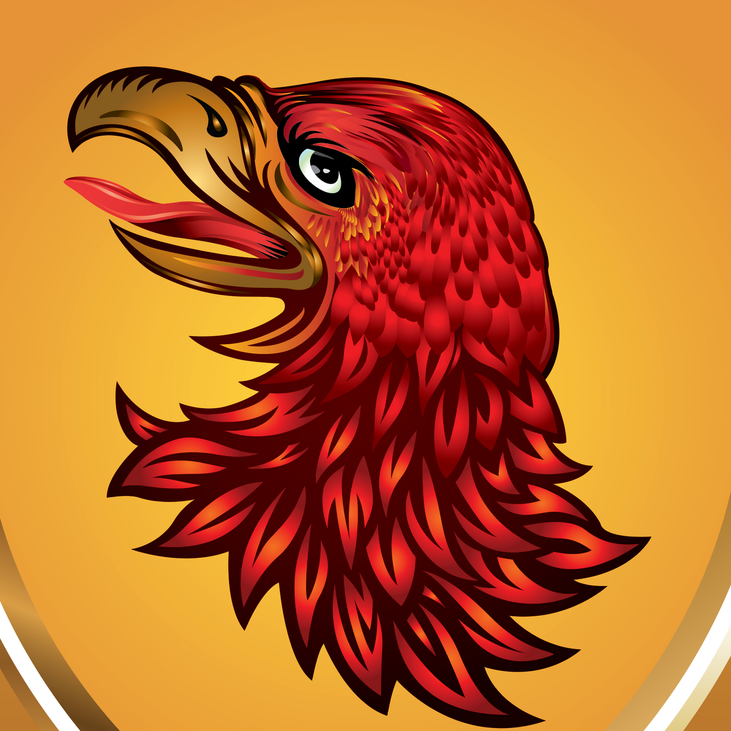 A stylized red eagle head crest centered on a gold shield, with ornate red and gold decorative scrollwork visible at the left and right edges.