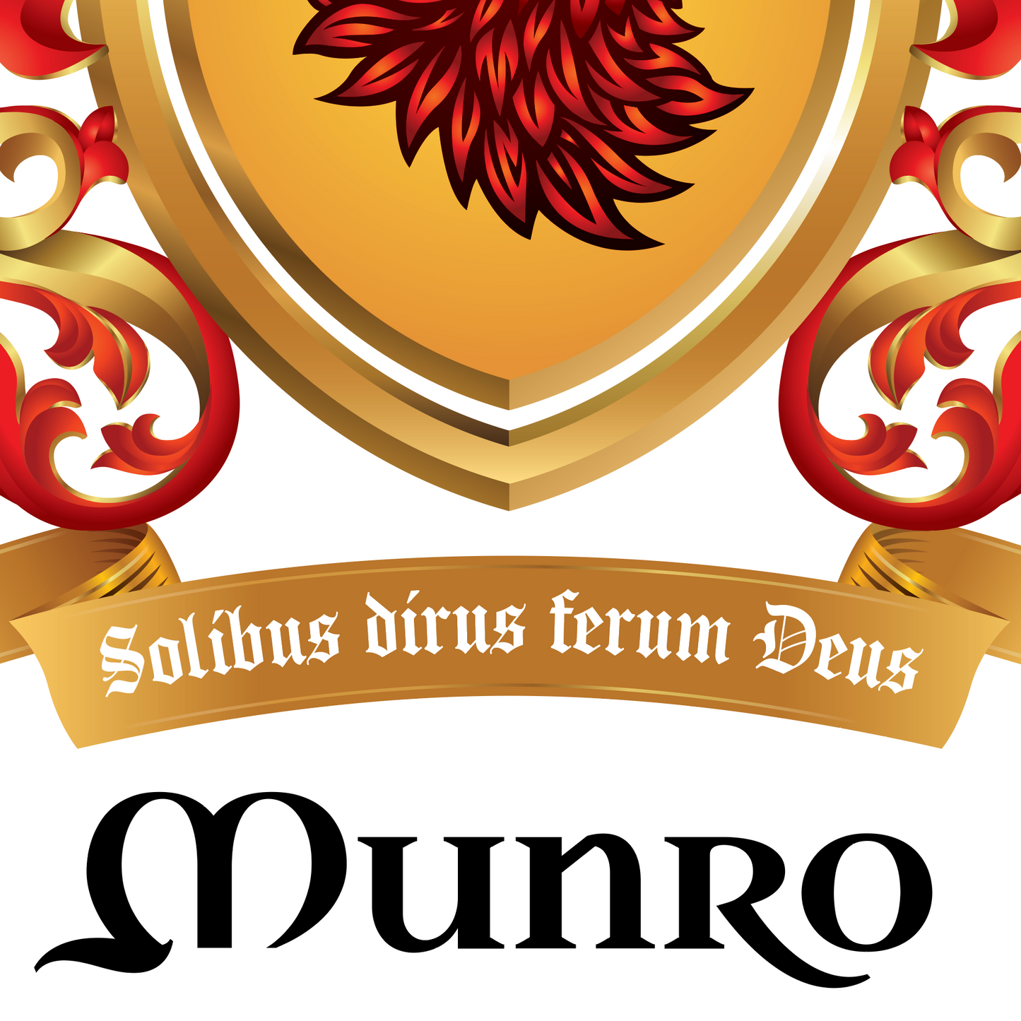 A closeup of the Munro-coat-of-arms- with a gold shield with a red eagle feather, ornate gold and red mantling, a gold motto banner with the Latin text 'Solbus dírus ferum Deus', and the word 'Munro' in a black stylized font below, all set against a solid white background.
