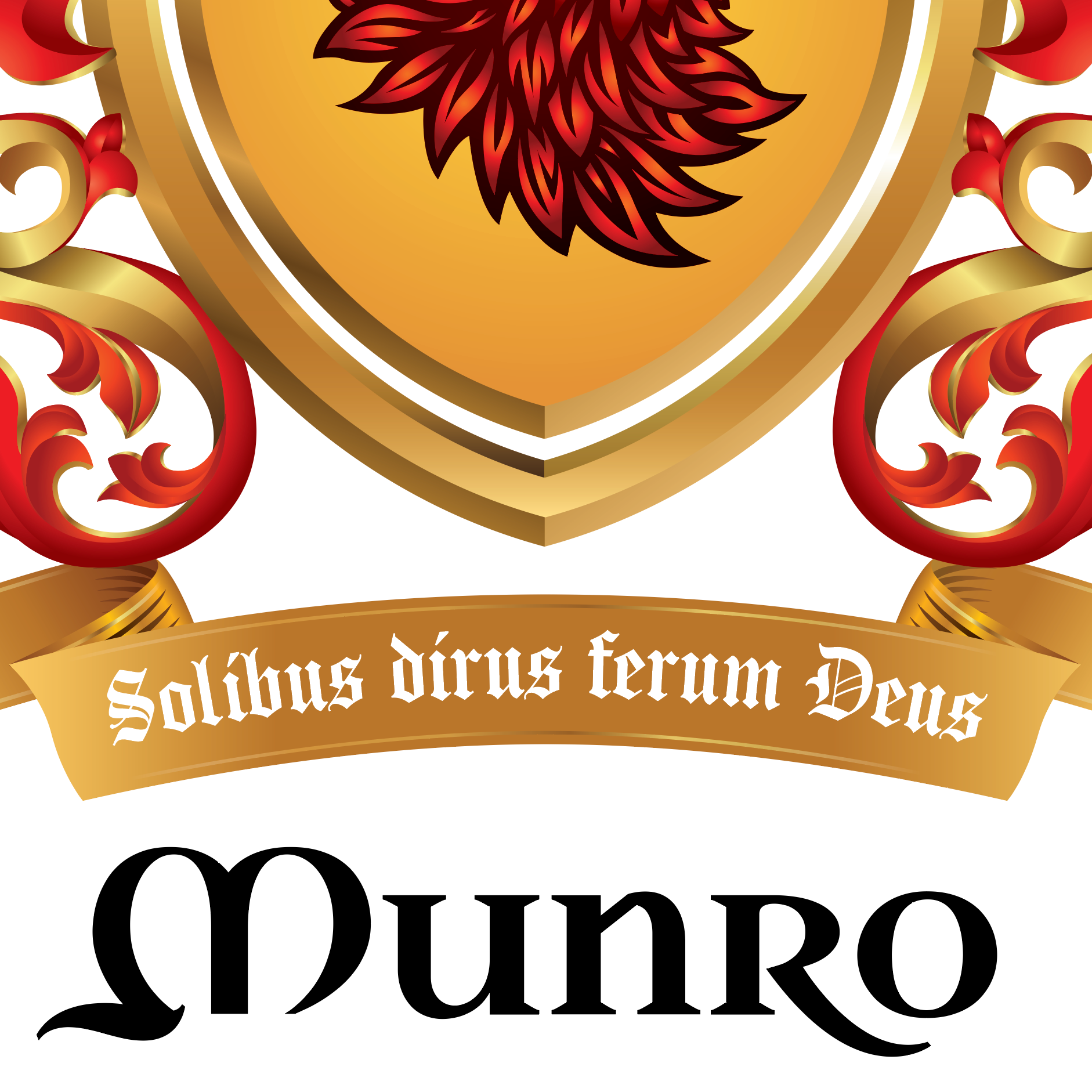 A closeup of the Munro-coat-of-arms- with a gold shield with a red eagle feather, ornate gold and red mantling, a gold motto banner with the Latin text 'Solbus dírus ferum Deus', and the word 'Munro' in a black stylized font below, all set against a solid white background.
