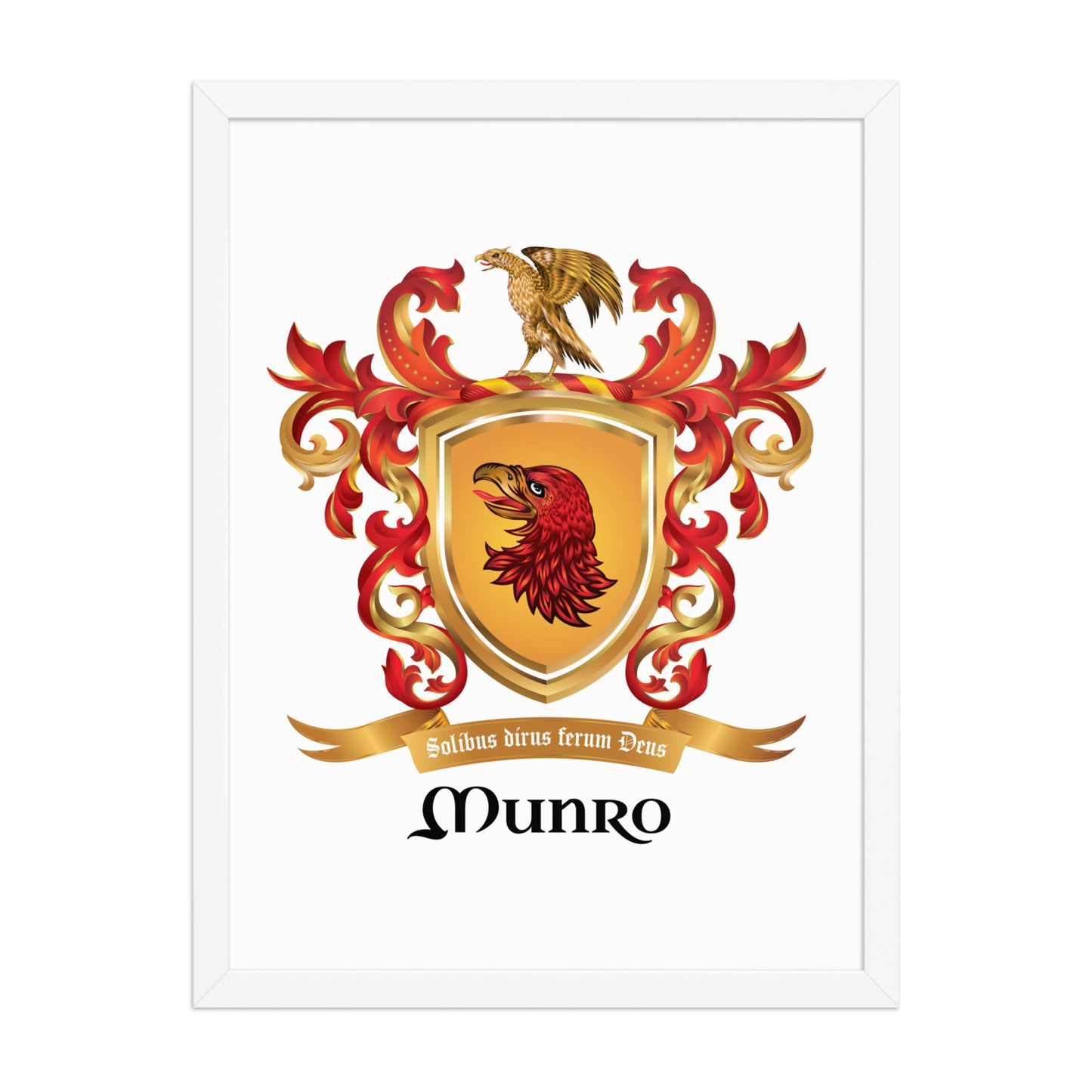 A framed poster of the Munro coat of arms with an eagle's head
