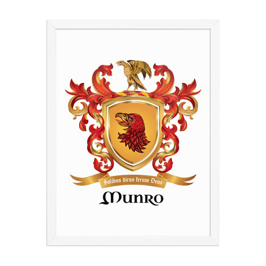 A framed poster of the Munro coat of arms with an eagle's head