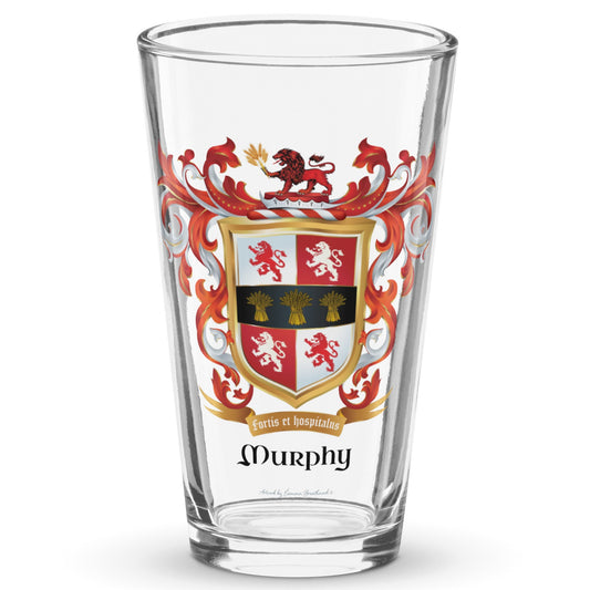 A classic beer glass with the Murphy Family Crest featuring 4 lions and 3 sheaves of wheat on the shield.