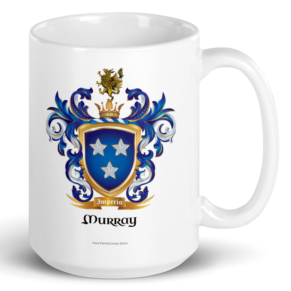 A white mug on a white background fraturing the Murray Family Crest - Donegal origin on the front of the mug