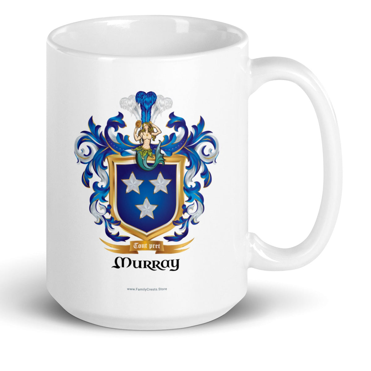 A white mug on a white background fraturing the Murray Family Crest - Scottish origin on the front of the mug