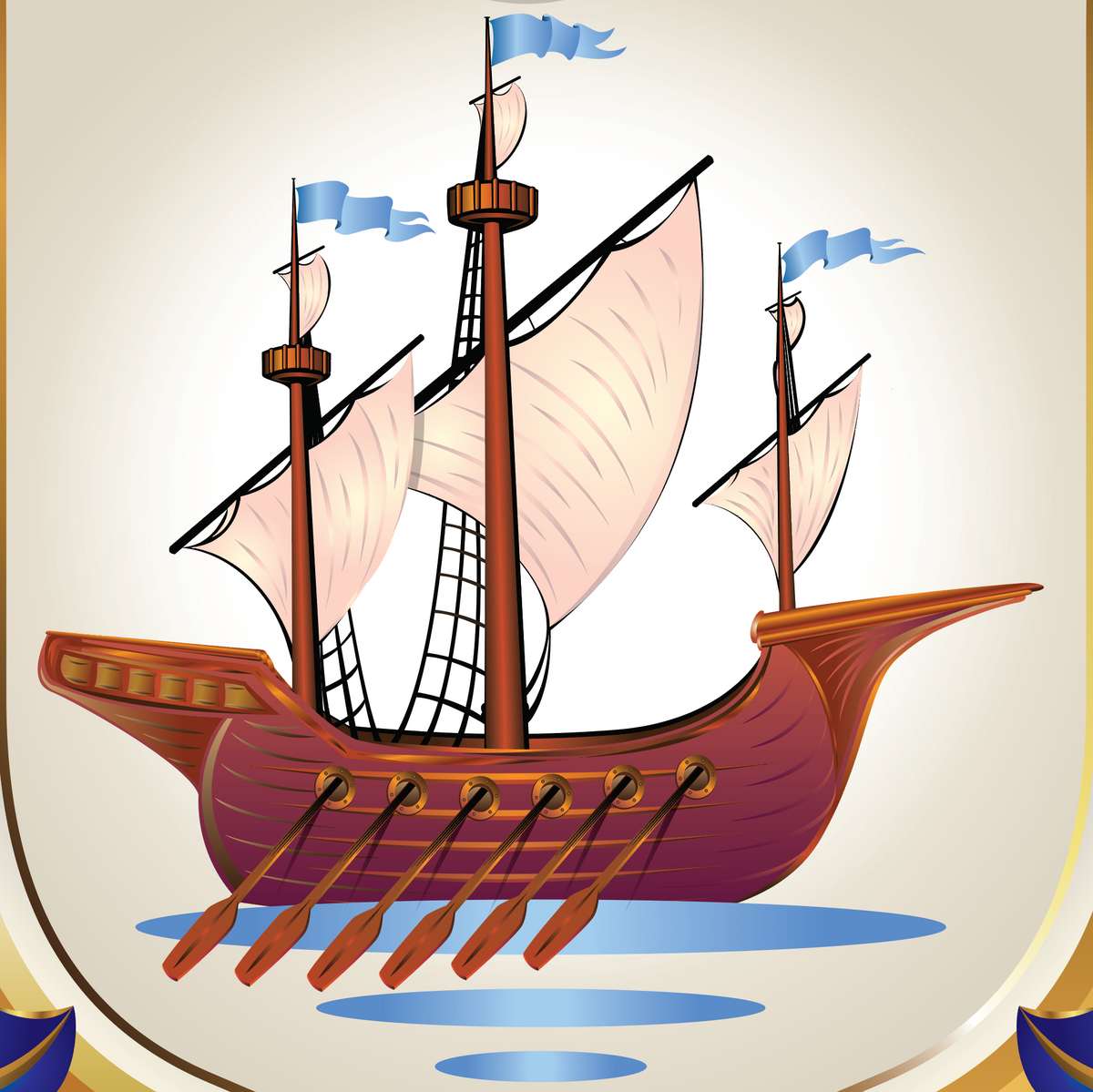 A close-up of the Myers Family Coat of Arms showing a wooden galley sailing ship with pink sails, blue flags, and wooden oars centred on a white shield.