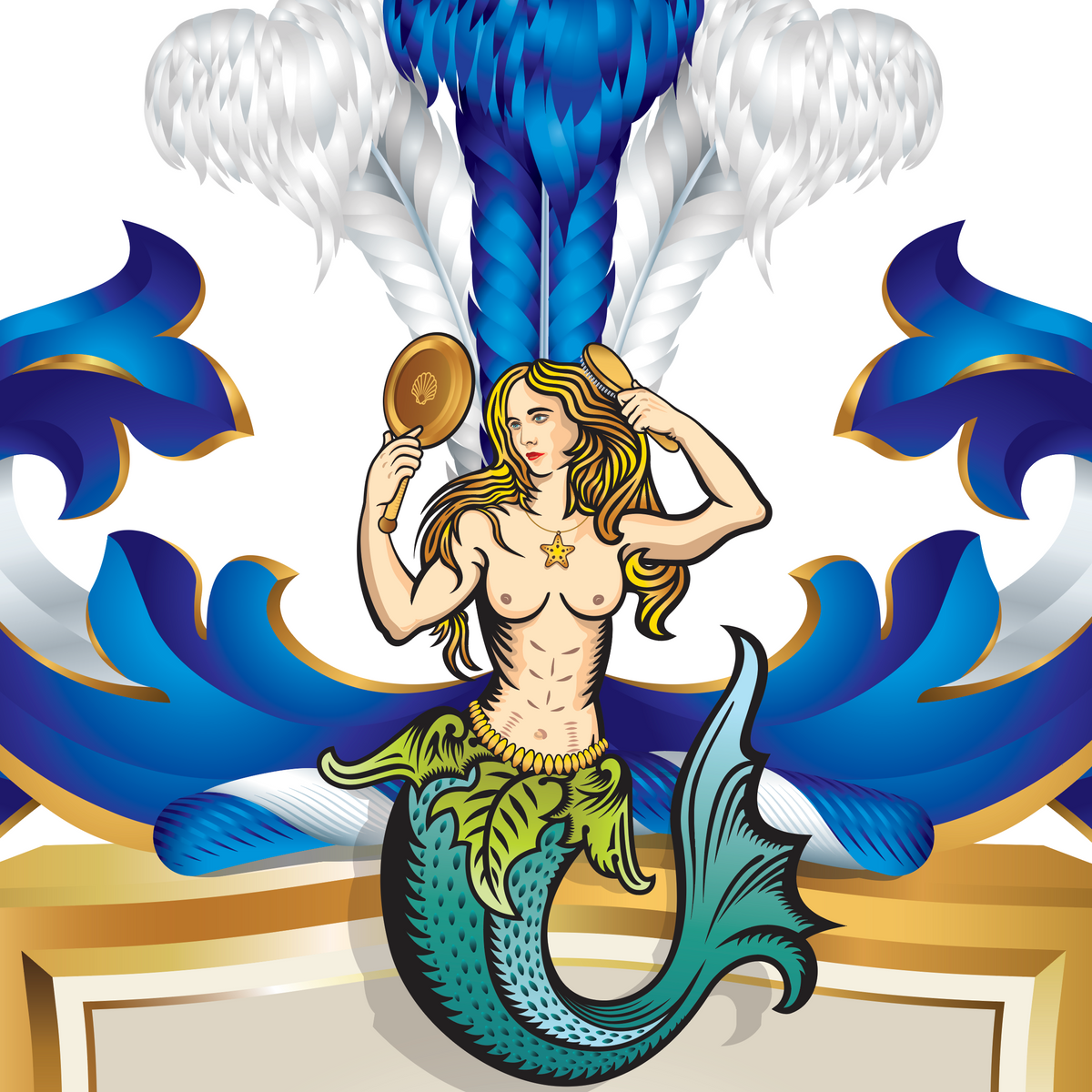A close-up of the mermaid on the top of  the Myers Family Coat of Arms holding a mirror in one hand and a hairbrush in the other with ostrich feathers behind.