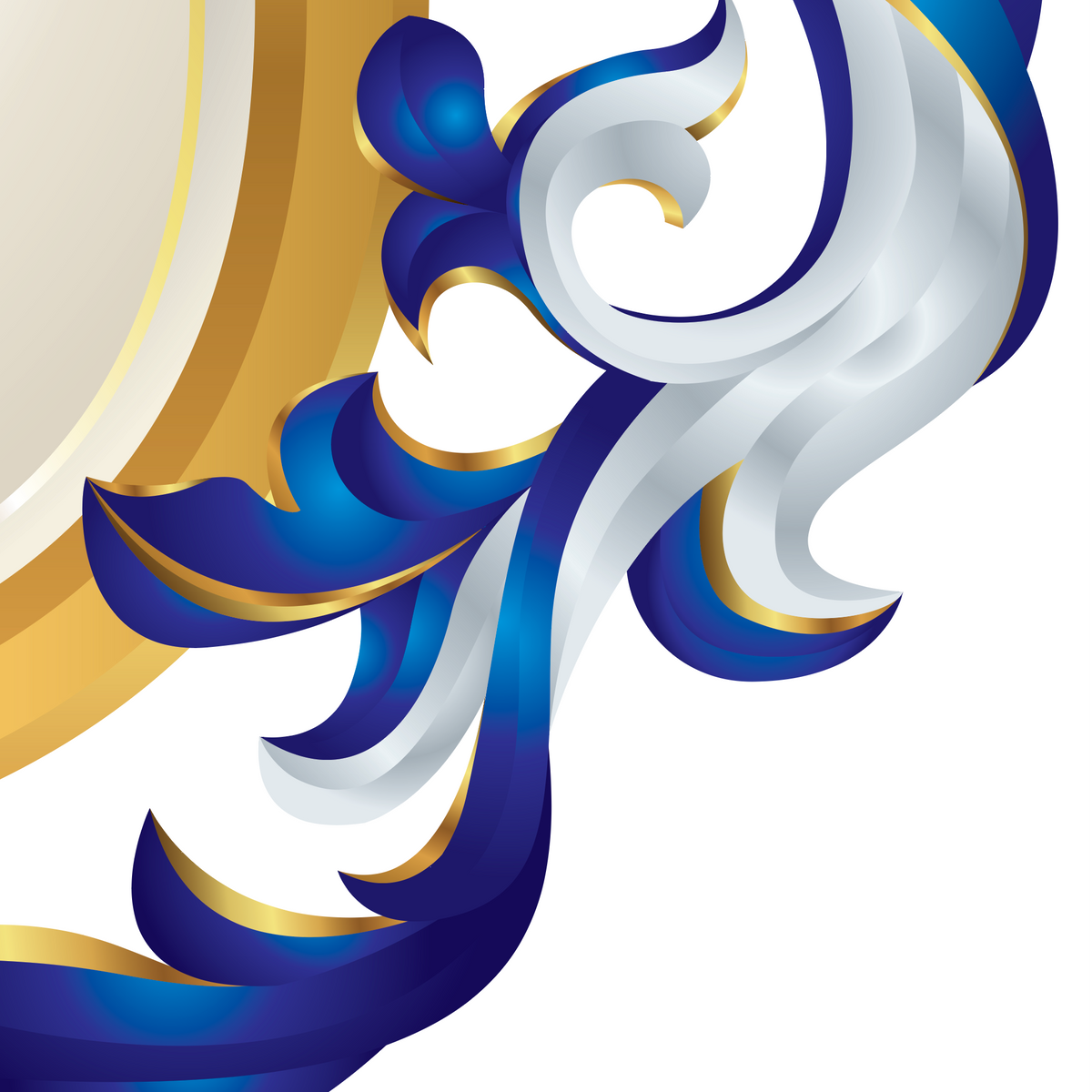 A close-up of part of the Myers Family Coat of Arms showing an ornate deep blue, white, and gold mantling on a white background.