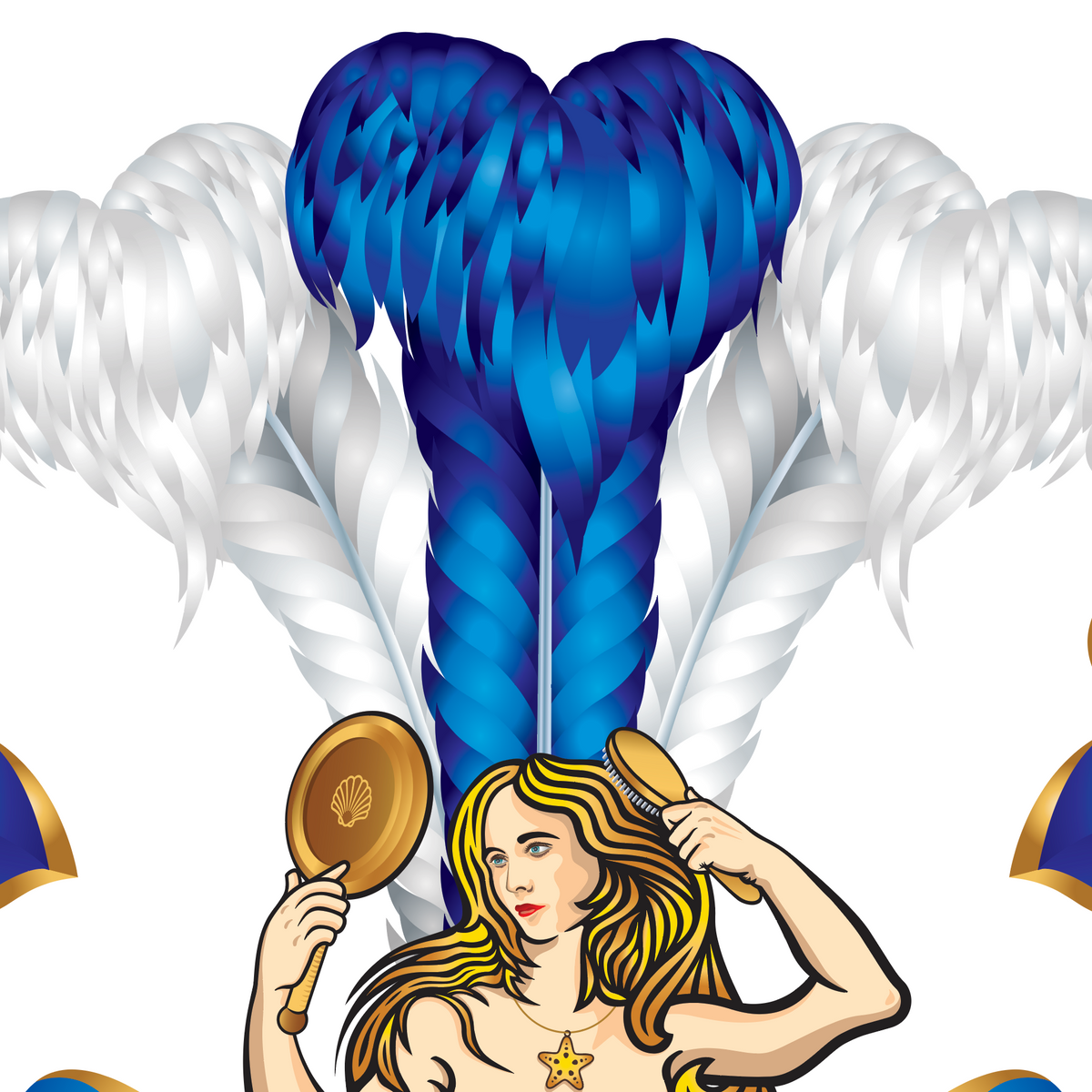 A close-up of the mermaid on the top of  the Myers Family Coat of Arms holding a mirror in one hand and a hairbrush in the other and a starfish necklace with white and blue ostrich feathers rising behind her,