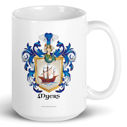 A white mug with handle to right, on a white background, printed with the Myers Family Coat of Arms featuring a wooden galley ship on a white shield.