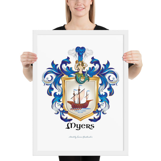 A woman standing in a white background, holding a white framed print of the Myers Family Coat of Arms featuring a wooden galley ship on a white shield with a mermaid at the crest of the shield.