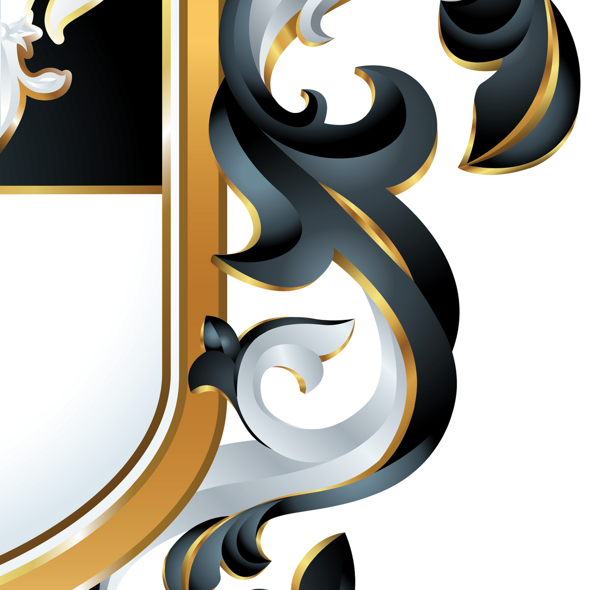 A closeup of the Nelson coat of arms featuring black scrollwork with gold outlines over a white shield and black border, cropped on a white background.