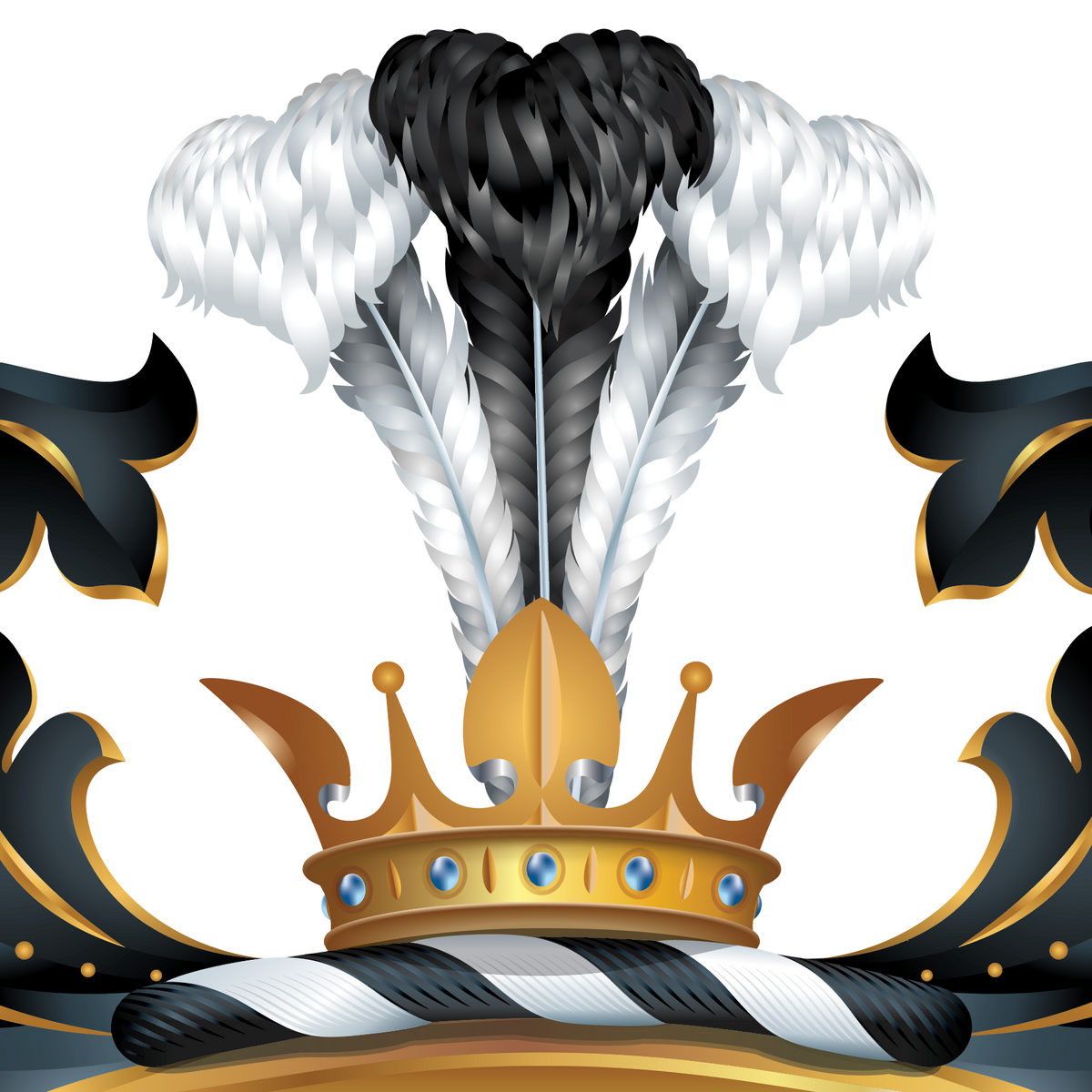 A closeup of the Nelson coat of arms with a gold crown and black and white ostrich feathers, and also black-and-gold mantling on a plain white background.