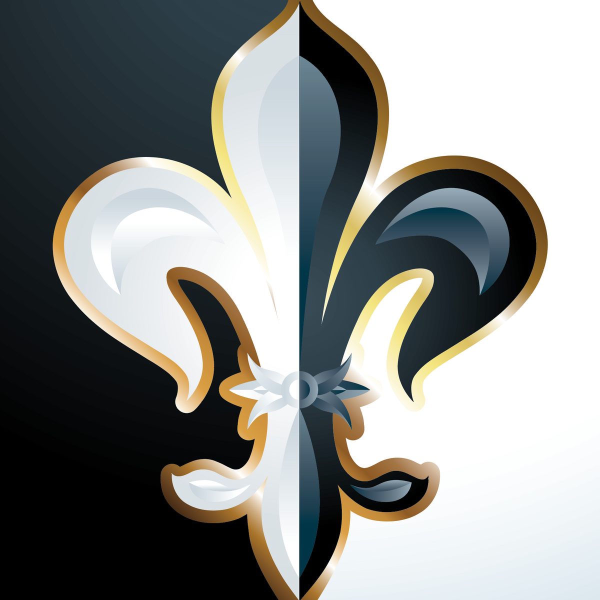 A stylized fleur-de-lis emblem closeup from the Nelson-Family-Crest centered on a split black-and-white background, with white on the left and black on the right, outlined in metallic gold. The emblem itself is white, black, and gray with shading.