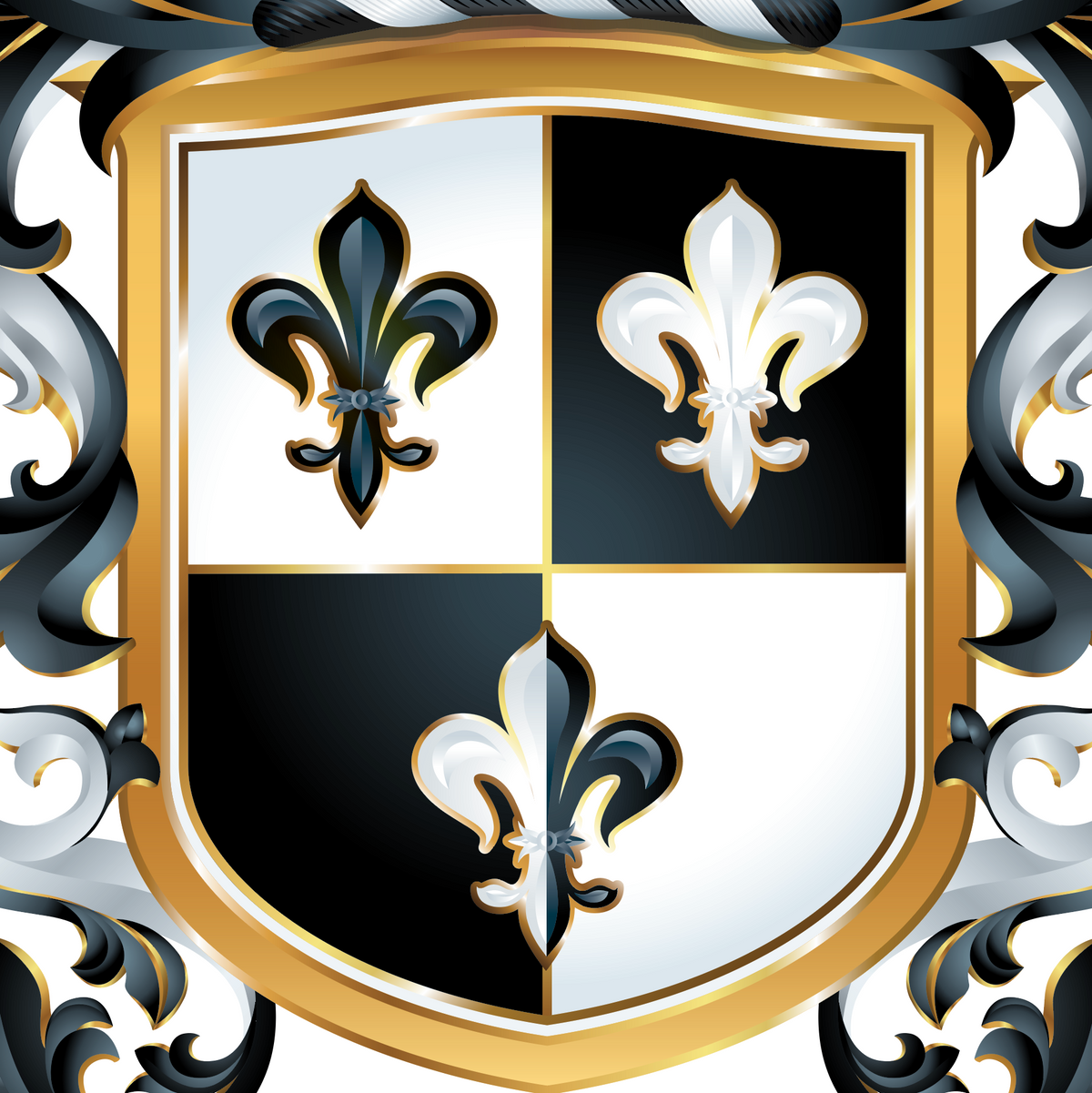 A closeup of the Nelson coat of arms with three black-and-white fleur-de-lis motifs, framed in gold, with ornate black and white scrollwork around it on a white background.