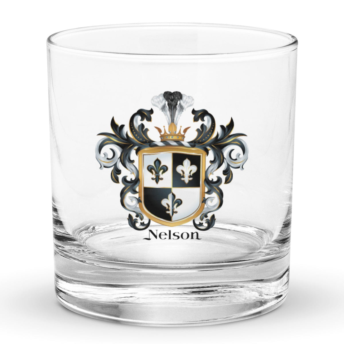 A Nelson rocks glass with the Nelson Family Crest with 3 fleur de lis printed on it, pictured on a white background.